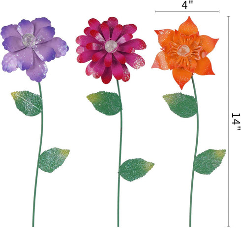 Floral Garden Stake Decor,Glow in Dark Outdoor Plant Pick Water Proof Metal Flower Stick for Lawn Yard Patio,Pathway Ornament,Set of 3...