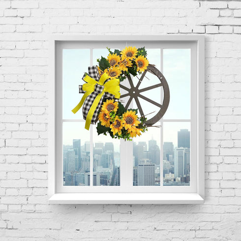 Sunflower Wagon Wheel Wreath for Front Door, Wooden Wheel Wreath with Sunflower and Bow, Spring Wheel Wreath, Wall Home Porch Farmhouse Decor Outd...