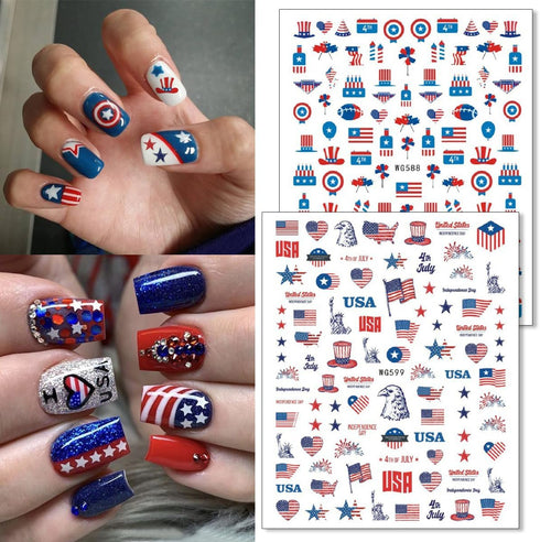 6Sheets Independence Day Nail Art Stickers 4th of July Nail Decals 3D Self Adhesive Nails Art Supplies Classics American Flag Eagle Heart Design S...