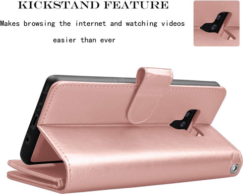 Njjex Luxury Wallet Case for Galaxy Note 9 - PU Leather, 9 Card Slots, Detachable, Kickstand, Magnetic Phone Cover with Wrist Strap - Rose Gold...