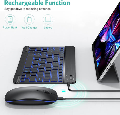 TECURS Bluetooth Keyboard and Mouse Combo for iPad - Rechargeable Wireless Keyboard & Mouse with 7-Color Backlit Compatible with iPad 10th/9th/8th...