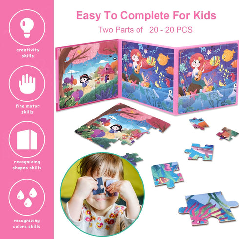 Magnetic Puzzles for Kids Ages 3 4 5, Mermaid Animal Wooden Jigsaw Puzzles Book for Toddlers, Travel Games, Fairy Tale Preschool Educational Learn...