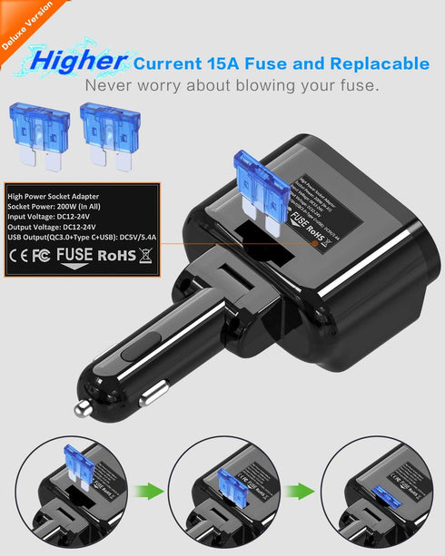 SUPERONE 200W 2-Socket Cigarette Lighter Splitter Power Adapter, USB C Car Charger with 20W Power Delivery 3.0 & QC 3.0 for iPhone 15 Pro Max/14/1...