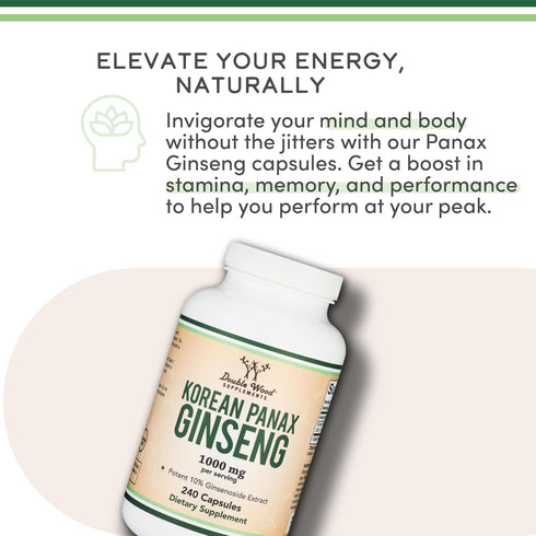 Ginseng Capsules (Korean Red Ginseng Extract, Panax Ginseng 10% Ginsenosides) (4 Month Supply) 240 Vegan Capsules - 1,000mg per Serving for Mood, ...