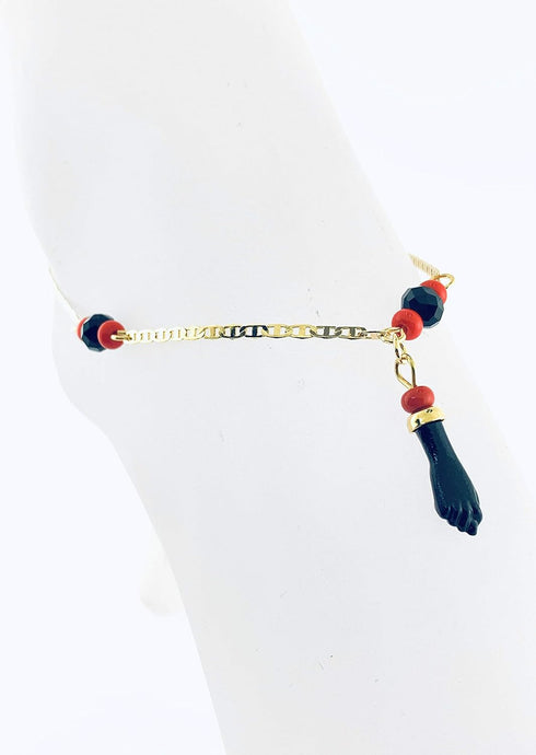 Azabache Ankle Bracelet For women W/Hand Charm 14K Gold Plated, Mariner Link for Protection and Good Luck 10 Inches...