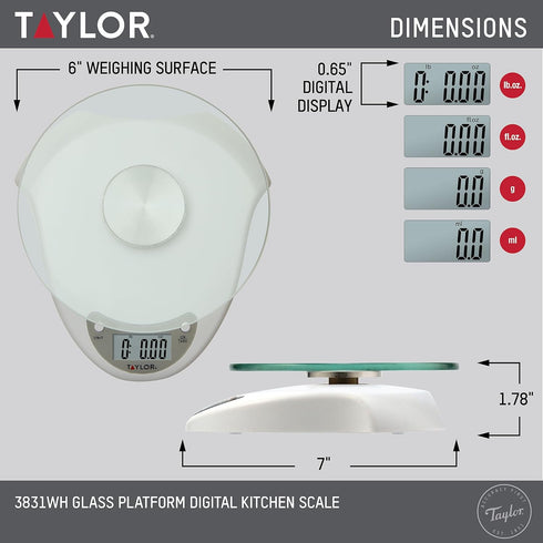 Taylor Digital Kitchen Scale with Glass Platform, Tare Button, and Plastic Body Weighs up to 11 Pounds Capacity, White...
