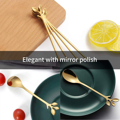 12 PCS Stainless Steel Gold Dessert Spoons, IFeico Coffee Spoons Set, 4.7 inch Ice Cream Leaf Spoon, Tea Demitasse Stirring Spoon for Family Parti...