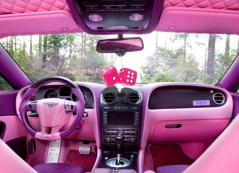 Zento Deals Pair of 3 inch Square Hot Pink Hanging Fuzzy Plush Dice with White Dots for Car Interior Cute Ornament Decoration Rear View Mirror Acc...