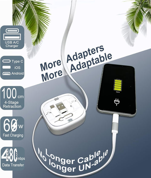 Multi Charging Cable Storage Box 2Pack, 3FT 60W Retractable USB C Cable, USB C Adapter Kit for USB A, Micro and Lightning Ports. Perfect for Trave...