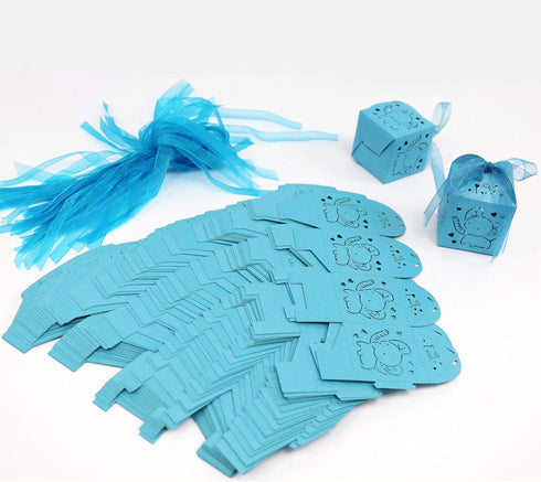 Kslong Blue Baby Shower Favor Boxes, 50Pcs Elephant Favor Boxes for Baby Boy Laser Cut Candy Boxes with Ribbon for Birthday Wedding Party Decorati...
