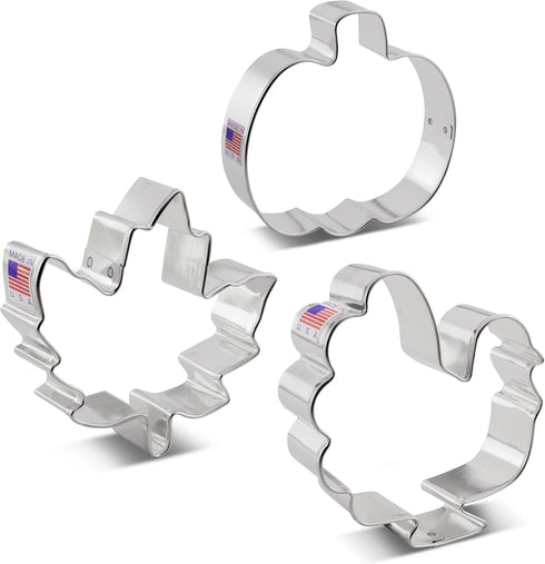 Thanksgiving and Fall Holiday Cookie Cutters 3-Pc. Set Made in USA by Ann Clark, Maple Leaf, Turkey, Pumpkin...
