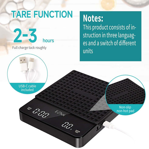 High Precision Digital Coffee Scale with Timer - Rechargeable Drip Espresso Scale, 3kg/0.1g Capacity, Kitchen Scale with 3 Units (g/oz/ml), Tare a...
