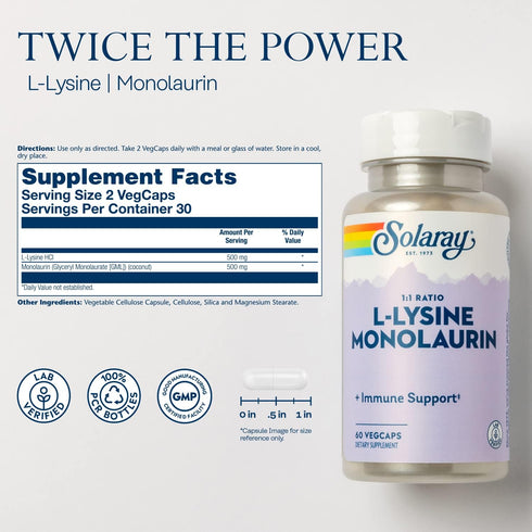 SOLARAY L-Lysine Monolaurin Immune Support Supplement, 1:1 Ratio for Immune System Function, Skin and Gut Health Support, 500 mg Each, 60-Day Mone...