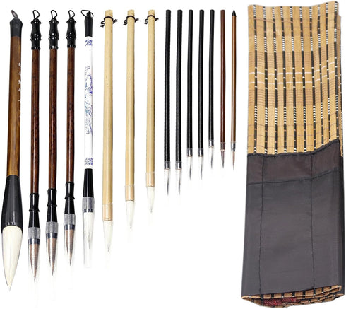 15 Piece Chinese Calligraphy Brush Set with Roll-Up Bamboo Holder, Professional Sumi Brushes Different Sizes Writing Brush for Watercolor Ink Pain...