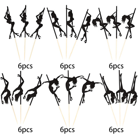 36 PCS Pole Dance Girl Cupcake Toppers Black Glitter Pole Dancing Cupcake Picks Bachelorette Bridal Shower Birthday Party Cake Decorations Supplie...