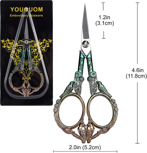 Embroidery Scissors, Sharp Pointed Sewing Scissors for Craft Cross Stitch Needlework Artwork Knitting Threading Small DIY Tools, 4.6in Gold Green ...