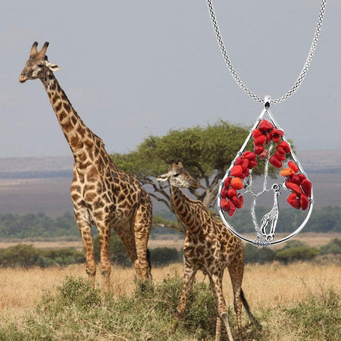 Zuo Bao Handmade Wire Wrapped Quartz Chips Tree Teardrop Pendant Necklace with Giraffe/Healing Jewelry Gift for Family (Garnet with Giraffe)...