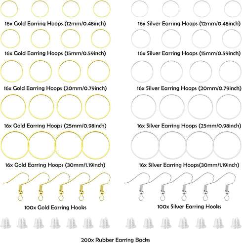 560Pcs Hoop Earrings for Jewelry Making,with 160 Round Earring Beading Hoops,200 Earring Hooks,200 Earring Backs Earring Hoops Earring Findings Ho...