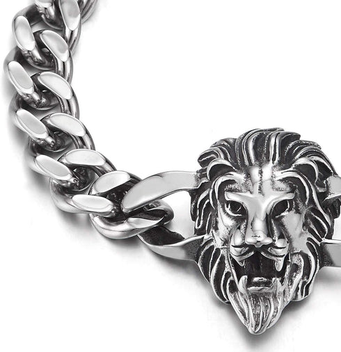 COOLSTEELANDBEYOND Heavy and Study Mens Biker Stainless Steel Lion Head Curb Chain Bracelet, Polished, Punk Rock...