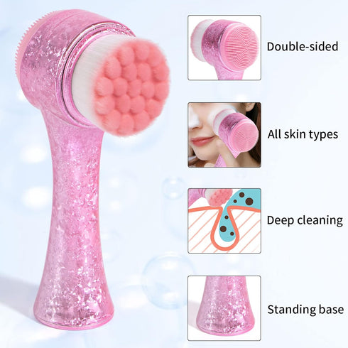 Face Brush 2 in 1, Facial Cleansing Exfoliating Brush with Ultra Fine Soft Bristles for Pore Deep Cleansing Silicone Double Side Face Wash Scrub B...