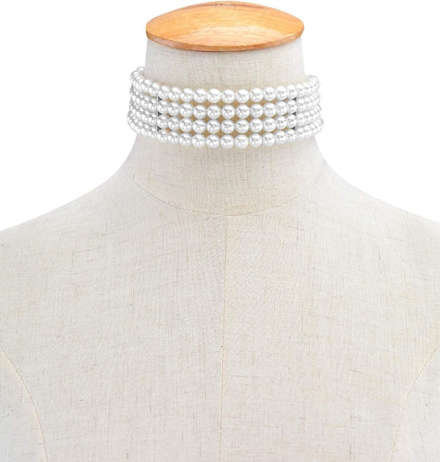 Multi Strand Pearl Choker Necklace Faux Pearls Necklace 4 Row Pearl Necklace 1920s Flapper Pearls Necklace Vintage Costume Short Pearl Necklace fo...