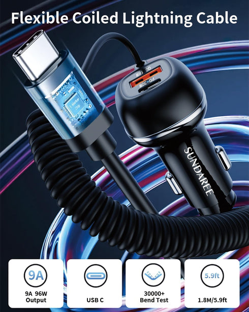 SUNDAREE USB C 96W Super Fast Car Charger PD & QC3.0 with 5ft 45W Type C Coiled Cable, Car Phone Charger Adapter for iPhone 15 14 13 12 11 Pro Max...