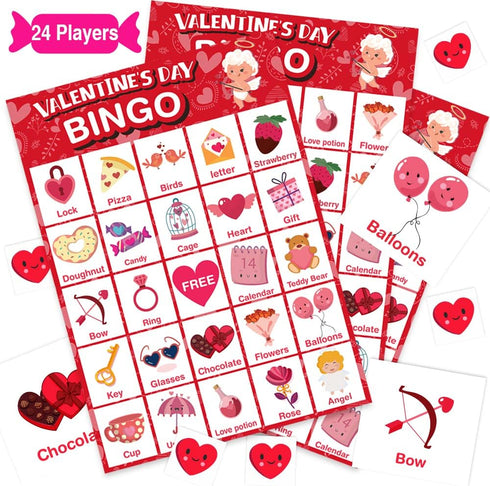 Valentines Day Large Size Bingo Game Card for Kids/Adults, 24 Players - Valentine Game for Family/School Classroom/Large Group, Valentine Party Fa...