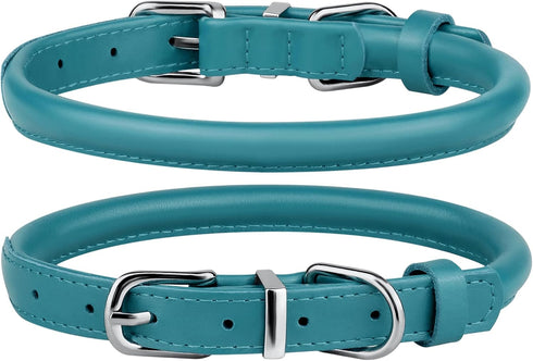 BRONZEDOG Rolled Leather Dog Collar for Small Medium Large Dogs with QR ID Tag (M: 14-16 Inch, Teal)...