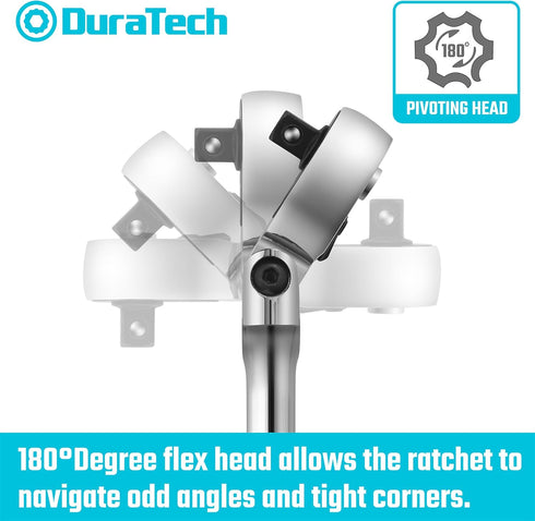 DURATECH 1/4" Drive Flex-Head Ratchet, 72-Tooth Ratchet Wrench, Quick-release, Reversible Switch, Full-Polished Chrome Plating, Alloy Steel...