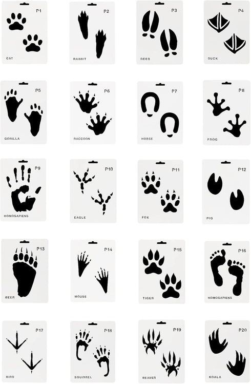Sowaka 20 Pcs Animal Footprint Stencils Plastic Reusable Painting Templates for Painting on Wood Walls Art Craft Scrapbooking Journal Drawing Home...