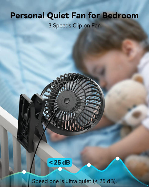 GEHEN 3-Speed Clip-On Fan with Sturdy Clamp & Strong Airflow, USB-Powered for Easy Cooling, Ultra-Quiet Operation Ideal for Bedroom, Office, & Str...