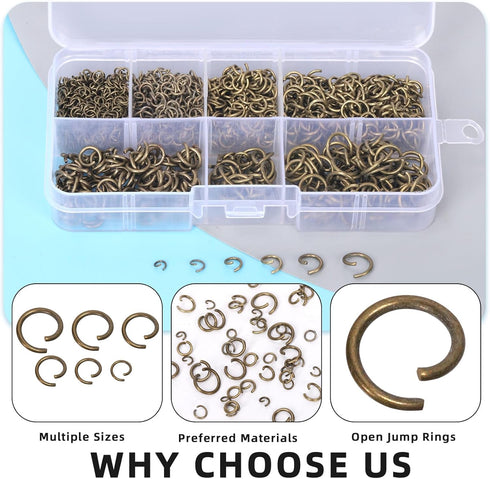 Glarks 1403Pcs 10mm 5mm 4mm 7mm 8mm Open Jump Rings Kit, Iron Round Ring Connectors Nickel Free Bronze O Rings for Jewelry Making Connectors and N...