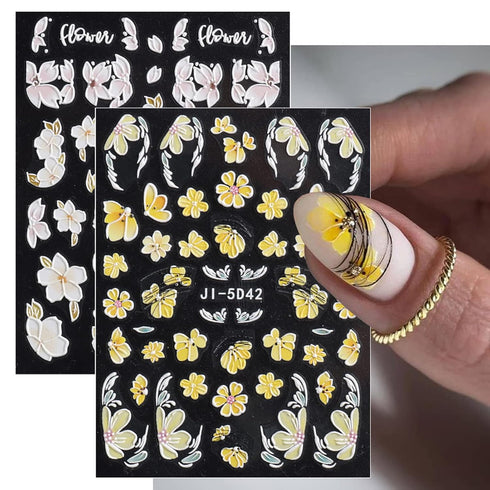 Flower Nail Art Stickers Decals 5D Embossed Spring Nail Decals 3D Self-Adhesive Nail Art Supplies Yellow Pink White Kapok Camellia Design Nail Acc...