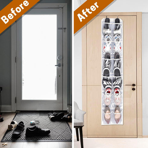 SWISSELITE Over the Door Shoe Organizer, Space Saving Hanging Holder with 12 Large Clear Pockets and 2 Metal Hooks, Storage Rack Hang on Closet Do...