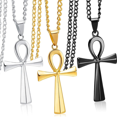 3 Pieces Men's Stainless Steel Ankh Pendant Necklace, Black, Gold, Silver...