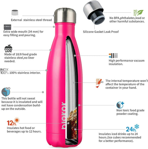 BJPKPK 17oz Insulated Stainless Steel Water Bottles,Sports Water Bottles Keep Cold for 24 Hours and Hot for 12 Hours,BPA Free for Travel,Pink...