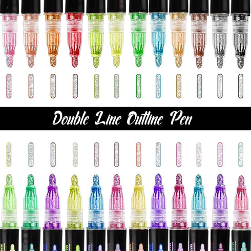 24 Colors Double Line Outline Pens, Outline Markers Self-outline Metallic Markers, Shimmer Marker Set,Glitter Markers Pen Set for Kid Adults Drawi...