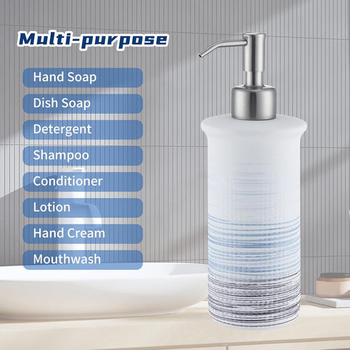 Ceramic Soap Dispenser Blue for Bathroom Kitchen Countertop, Blue and White Hand Soap Dispenser 10oz Bottle Refillable with 304 Stainless Steel Pu...