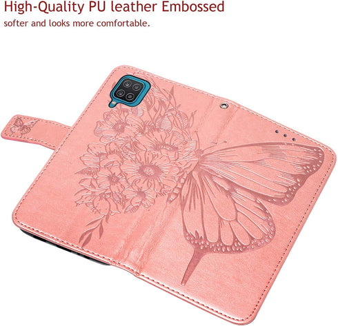 for Galaxy A12 Flip Cover Phone Case Rose Gold | Wallet, Butterfly Floral Embossed, Wrist Strap, Card Holder Slots, Stand, Leather, Protective...