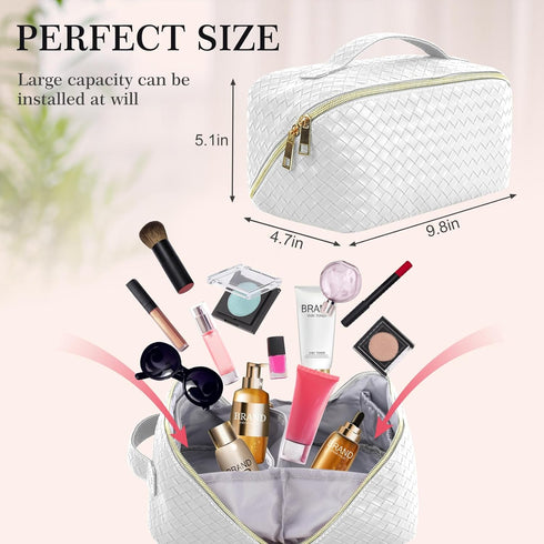 ZAUKNYA Large Capacity Travel Cosmetic Bag - Makeup Bag, Portable Leather Waterproof Women Travel Makeup Bag Organizer, with Handle and Divider Fl...