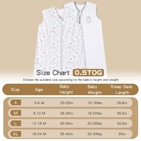 TILLYOU Sleep Sack 0-6 Months - 0.5 TOG Baby Wearable Blanket with 2-Way Zipper, Extra Soft Cotton Sleeveless Sleeping sack 2 Pack, Woodland Dinos...
