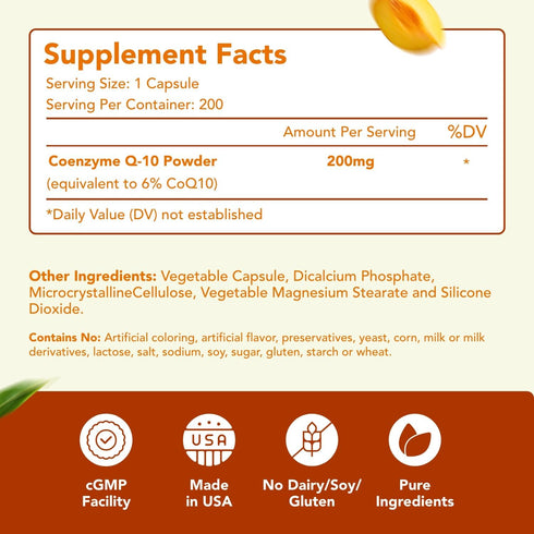Coenzyme Q10 200mg CoQ10 Supplement -Once Daily CoQ10 200mg Powder Capsules for Heart Health, Antioxidant & Energy Support -Non-GMO, Quick Absorpt...
