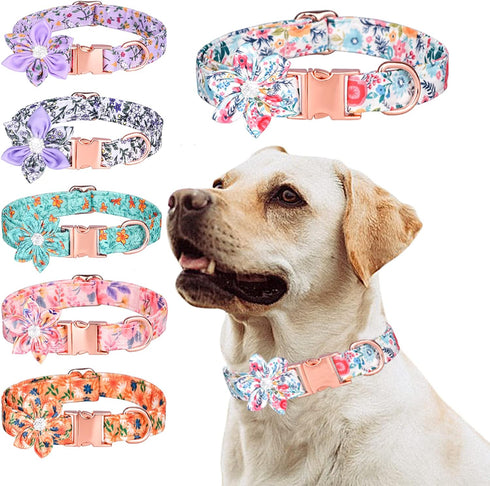 Dog Collar, Girl Dog Collar Puppy Collar Floral Pattern Dog Collar Cute Dog Collar with Detachable Rhinestone Flower for Female Dogs Small Medium ...