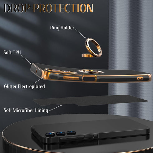 Samsung Galaxy A25 5G Cellular Phone Case with Tempered Glass Screen Protector, Rose Gold Plated Edge, Magnetic Kickstand, Black...