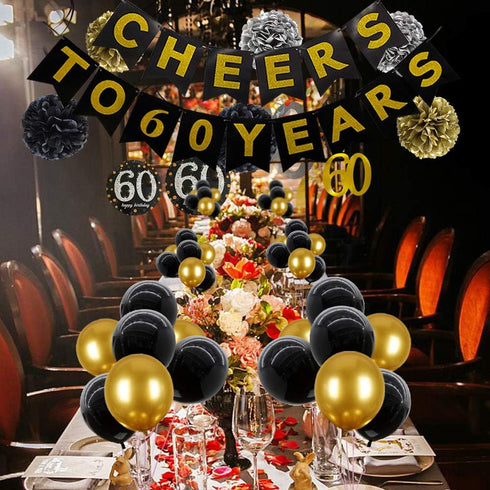 60th Birthday Party Decorations For Men Cheers to 60 Years Black ?nd Gold 60th Birthday Banner 60 Birthday Balloons Decoration For Him...