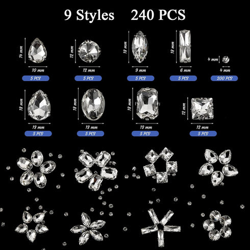 Dilunave 240 Pieces Large Sew on Rhinestones Clear Glass Crystal Gems Diamond Stone Metal Back Prong Setting Crafts Mix Shapes Claw for Jewelry, C...
