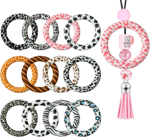 Stiesy 12 Pcs 12 Styles Animal Skin Printed Silicone Beads Ring Beadable O Ring 65mm Soft Silicone Focal Beads Bulk for Keychain Home Hanging Orna...