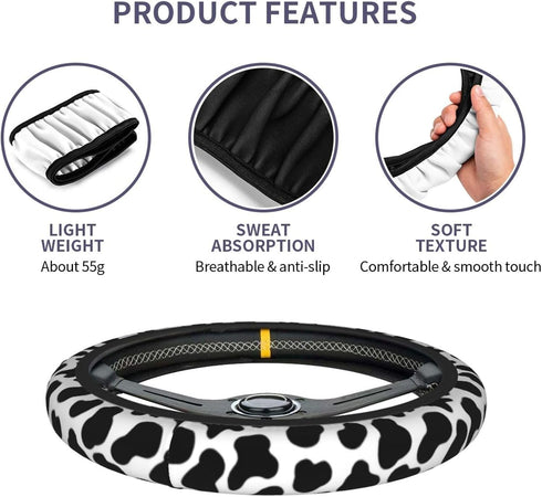 Black and White Cow Print Steering Wheel Cover Anti-Slip and Practical 14.5-15 Inch Universal Car Steering Wheel Cover with 2 Pieces Car Coasters ...