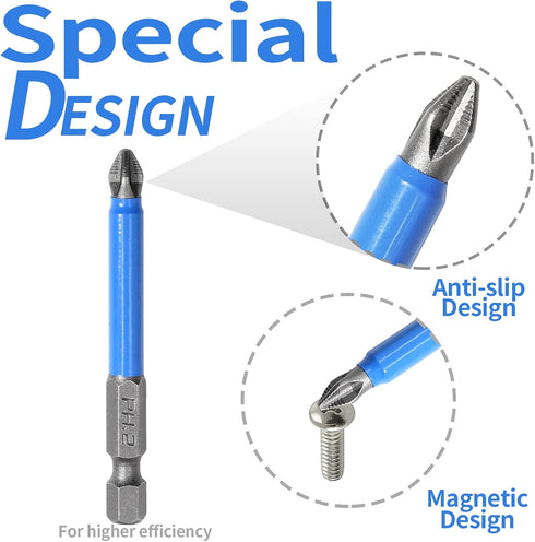 10 Pcs Magnetic Phillips Screwdriver Bit Set 2.56 inch Long, PH2 Phillips Bits Set, Non-Slip Cross Head Electric Screwdriver Bits Set 1/4" Hex Sha...
