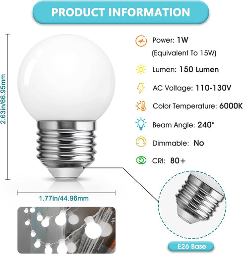 LED Vanity Light Bulb, Small Globe Christmas Light Bulbs, 15 Watts Equivalent, 1W Low Watt LED E26 Medium Screw Base Decoration Bulb, Daylight Coo...